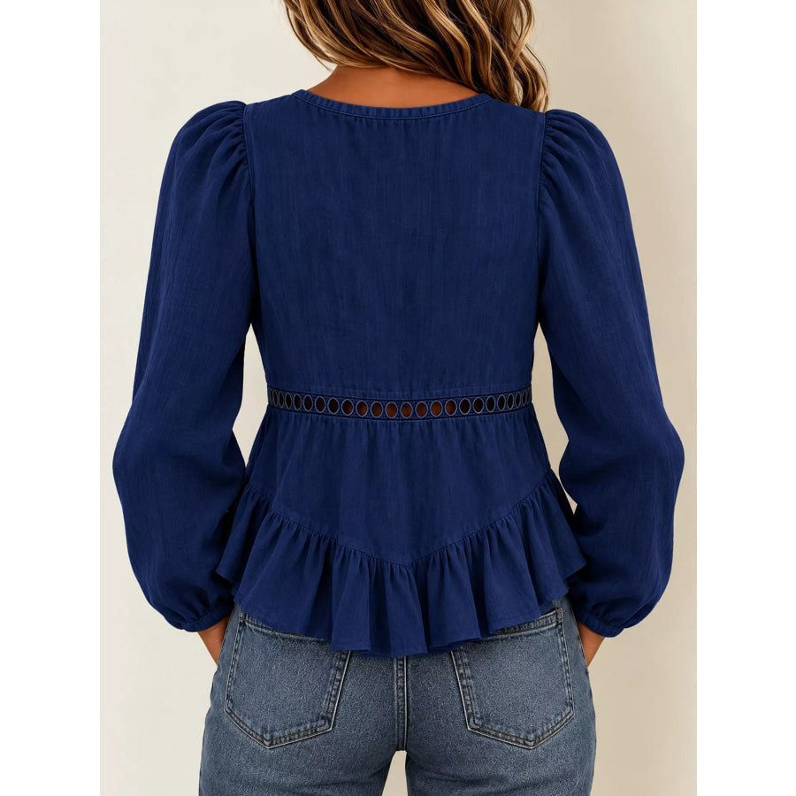 Long Sleeve Blouse with Eyelet Lace Trim and Ruffled Hem Apparel Accessories