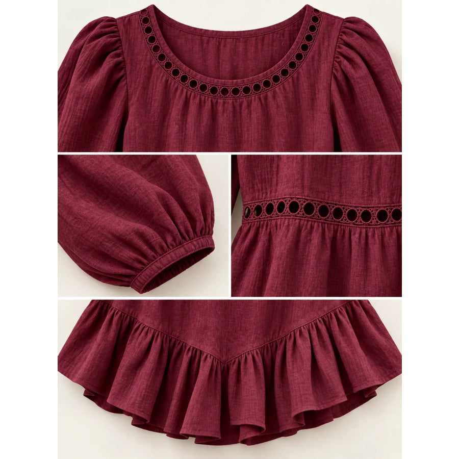 Long Sleeve Blouse with Eyelet Lace Trim and Ruffled Hem Apparel Accessories