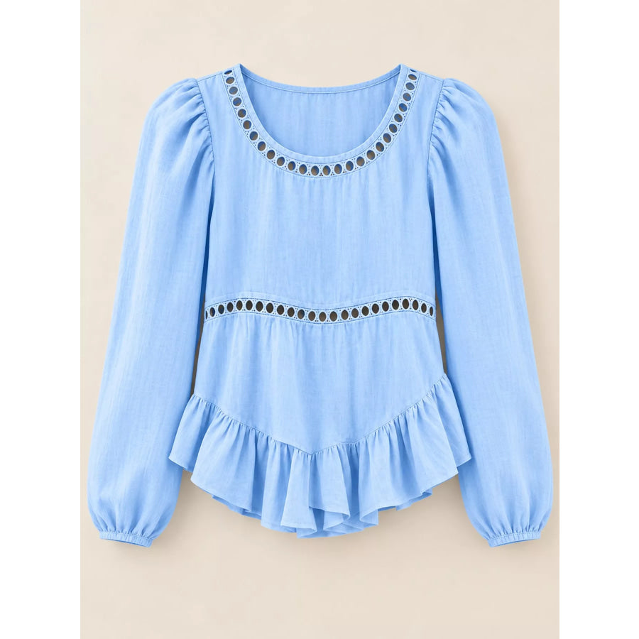 Long Sleeve Blouse with Eyelet Lace Trim and Ruffled Hem Apparel Accessories