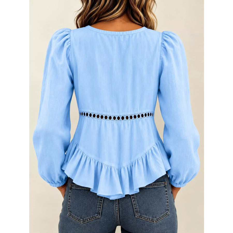 Long Sleeve Blouse with Eyelet Lace Trim and Ruffled Hem Apparel Accessories