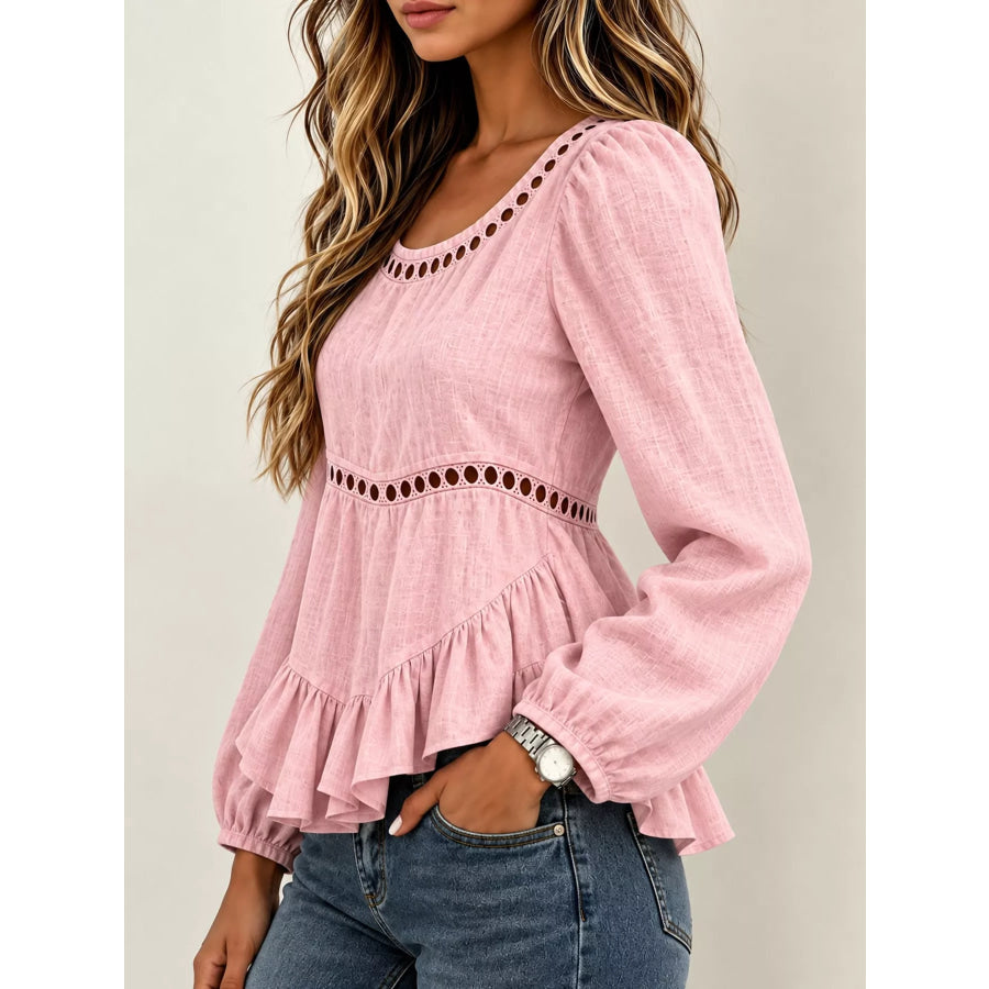 Long Sleeve Blouse with Eyelet Lace Trim and Ruffled Hem Apparel Accessories