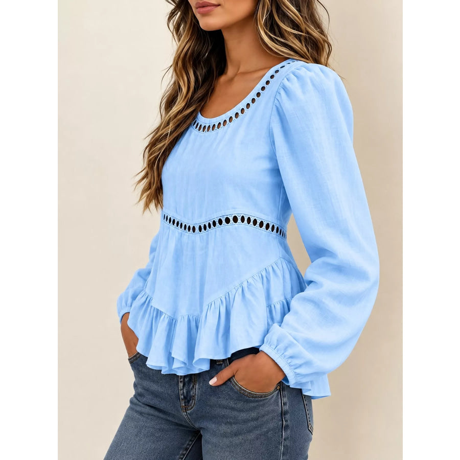 Long Sleeve Blouse with Eyelet Lace Trim and Ruffled Hem Apparel Accessories