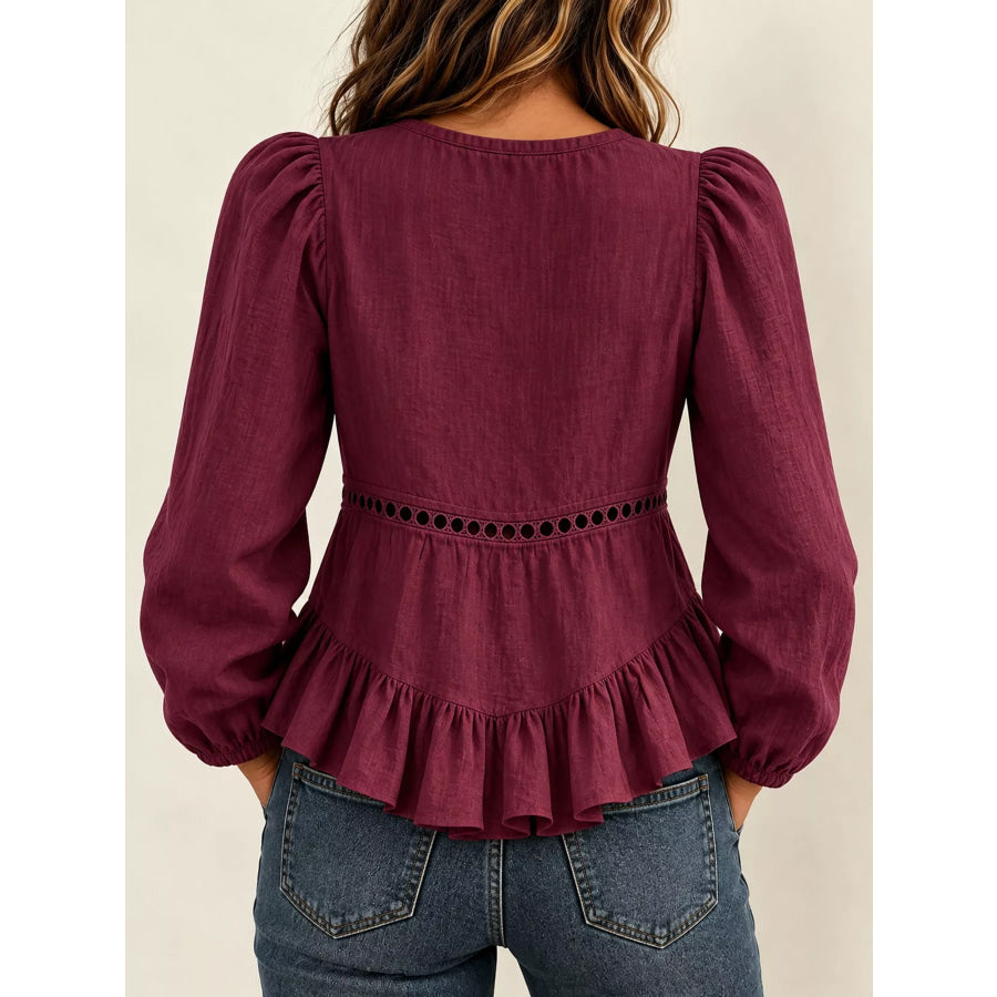 Long Sleeve Blouse with Eyelet Lace Trim and Ruffled Hem Apparel Accessories