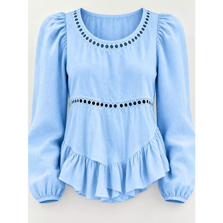 Long Sleeve Blouse with Eyelet Lace Trim and Ruffled Hem Apparel Accessories