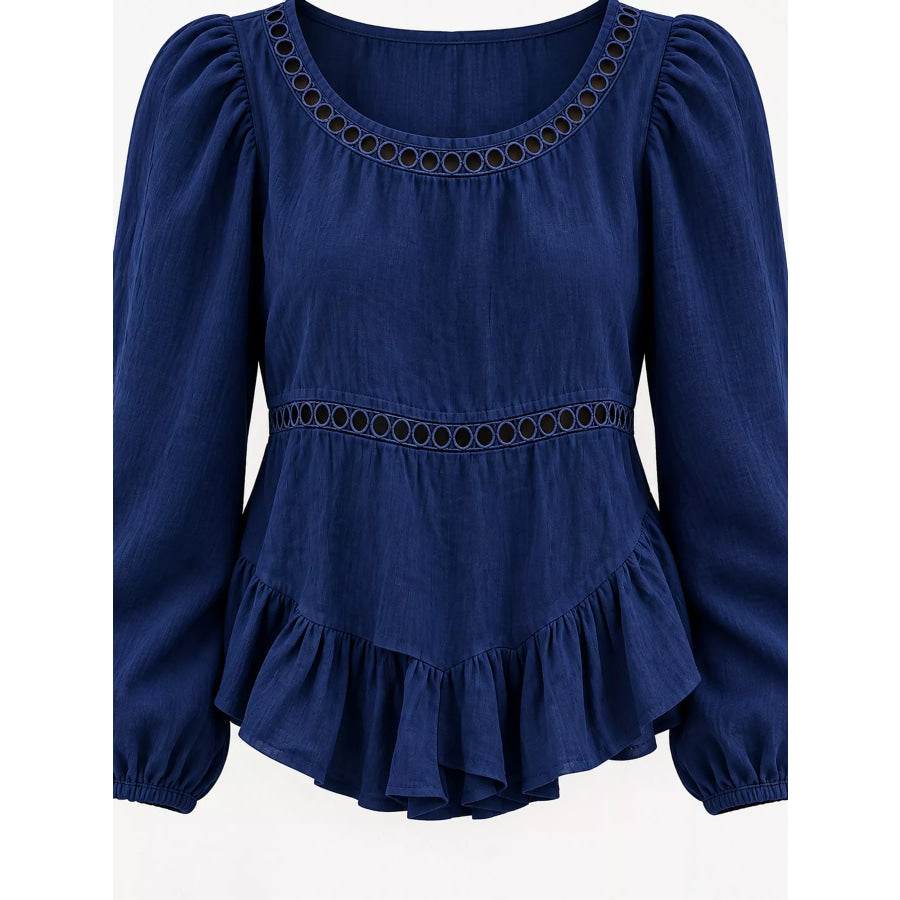 Long Sleeve Blouse with Eyelet Lace Trim and Ruffled Hem Apparel Accessories