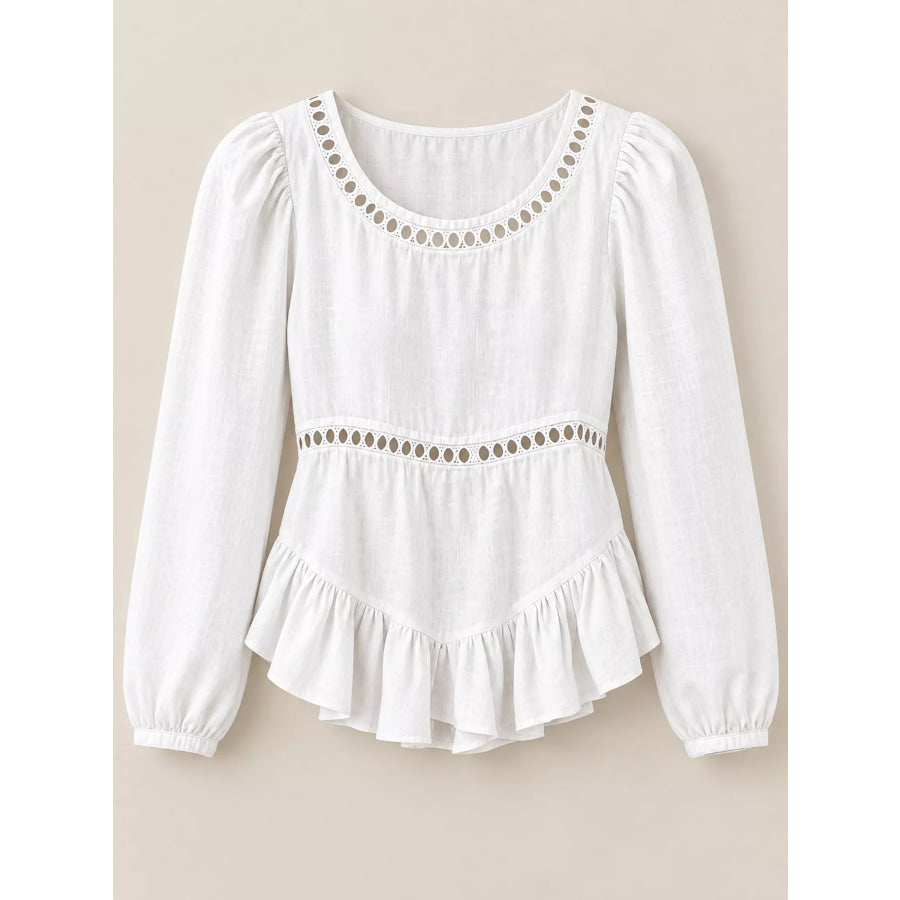 Long Sleeve Blouse with Eyelet Lace Trim and Ruffled Hem Apparel Accessories
