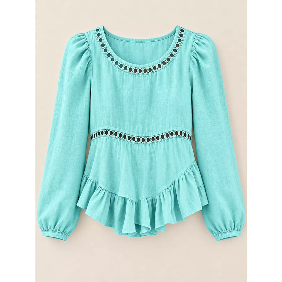 Long Sleeve Blouse with Eyelet Lace Trim and Ruffled Hem Apparel Accessories
