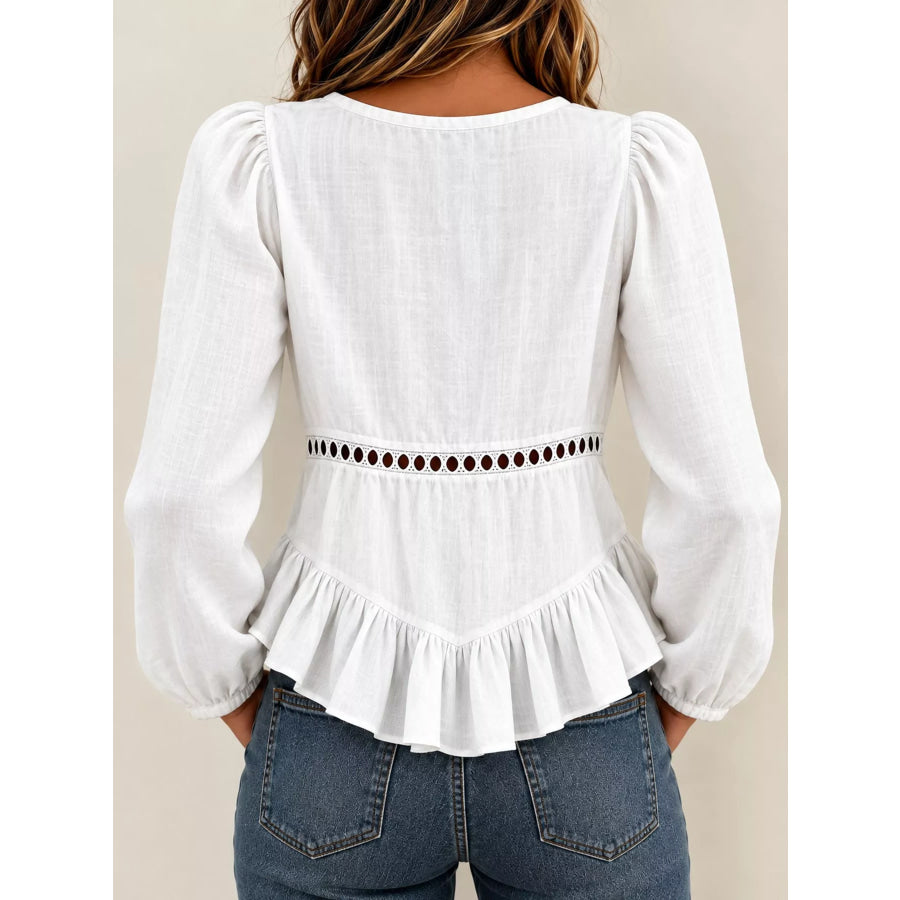 Long Sleeve Blouse with Eyelet Lace Trim and Ruffled Hem Apparel Accessories