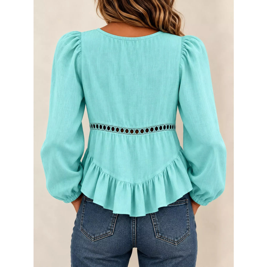 Long Sleeve Blouse with Eyelet Lace Trim and Ruffled Hem Apparel Accessories