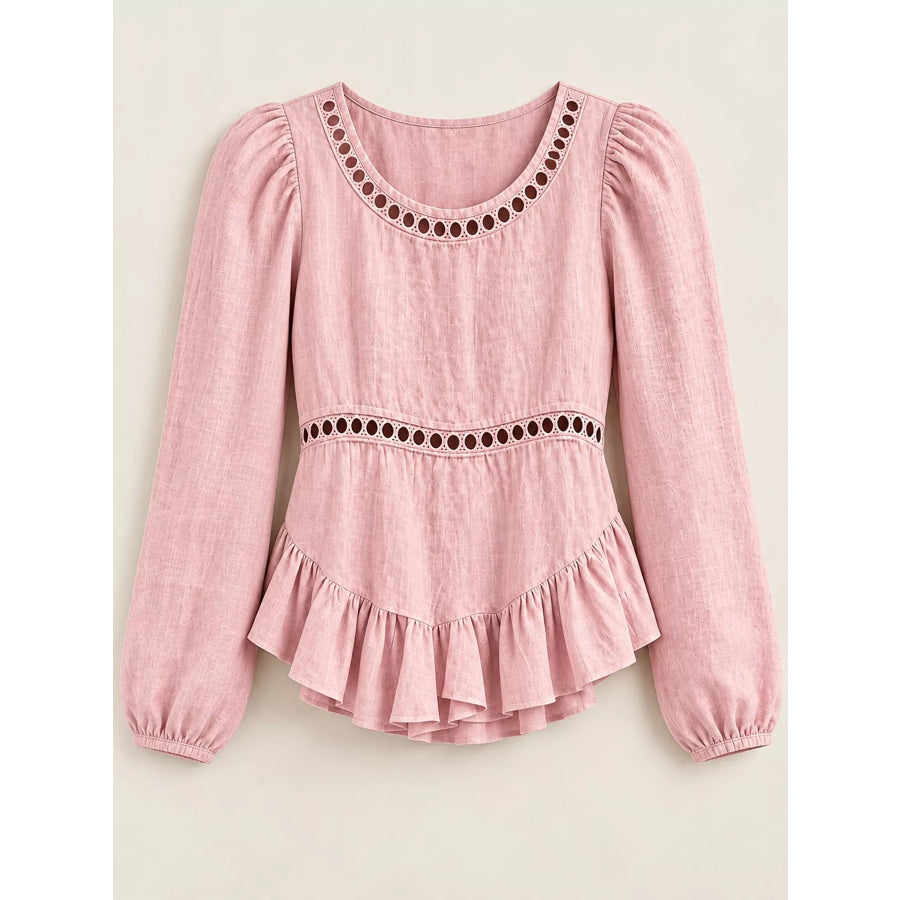 Long Sleeve Blouse with Eyelet Lace Trim and Ruffled Hem Apparel Accessories