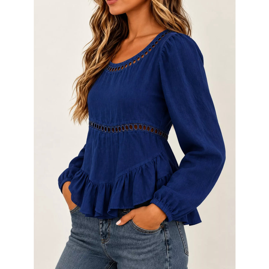 Long Sleeve Blouse with Eyelet Lace Trim and Ruffled Hem Apparel Accessories