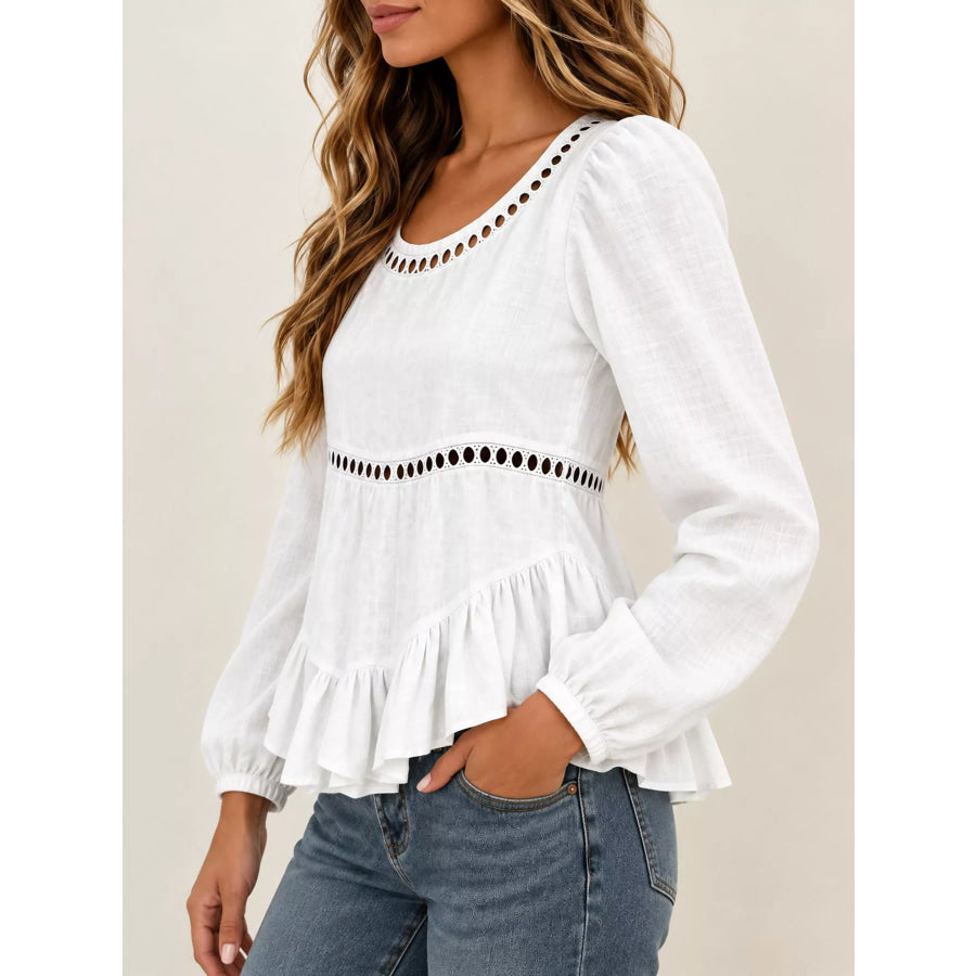 Long Sleeve Blouse with Eyelet Lace Trim and Ruffled Hem Apparel Accessories