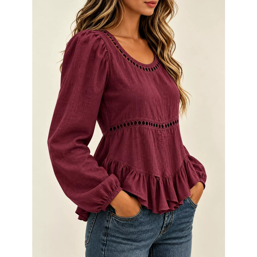 Long Sleeve Blouse with Eyelet Lace Trim and Ruffled Hem Apparel Accessories