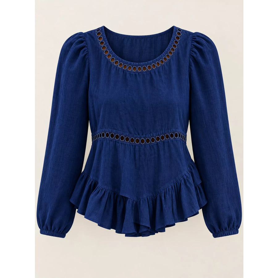 Long Sleeve Blouse with Eyelet Lace Trim and Ruffled Hem Apparel Accessories