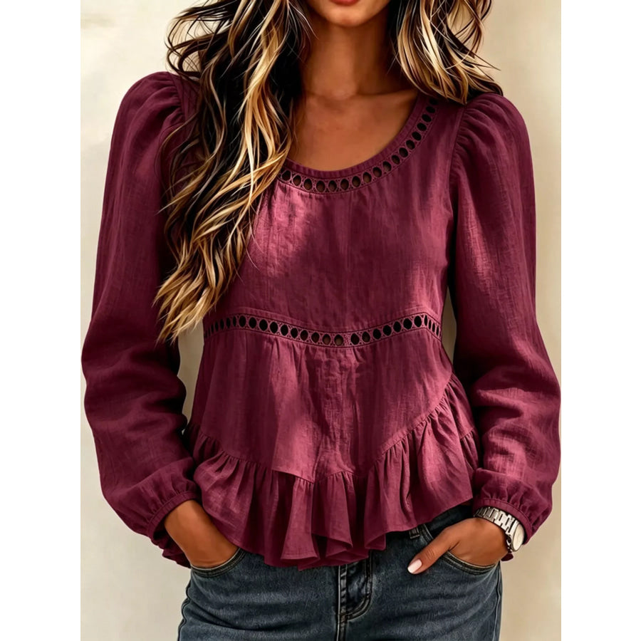 Long Sleeve Blouse with Eyelet Lace Trim and Ruffled Hem Burgundy / S Apparel Accessories