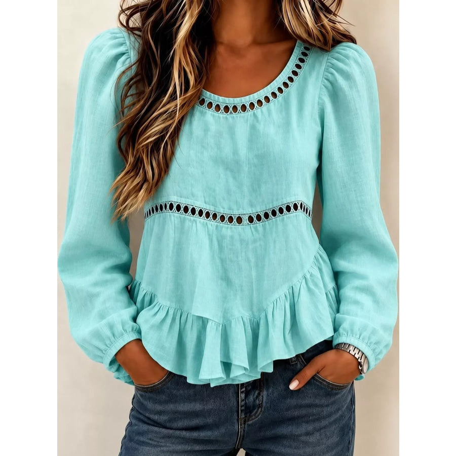 Long Sleeve Blouse with Eyelet Lace Trim and Ruffled Hem Green / S Apparel Accessories