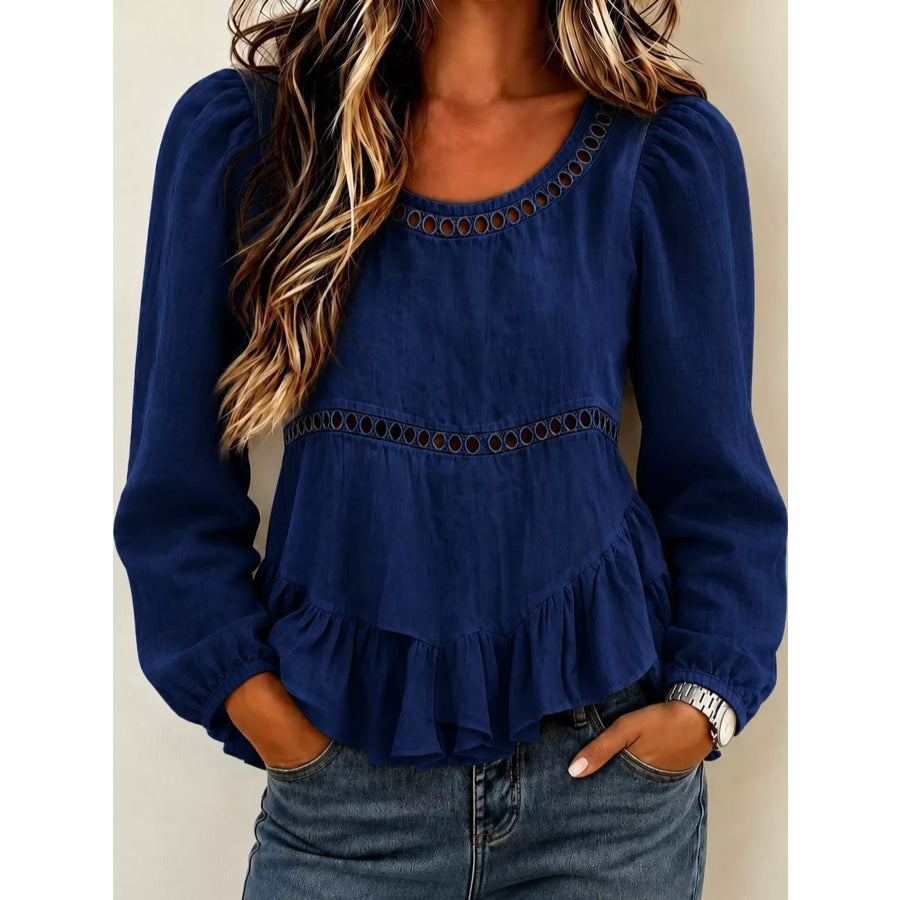 Long Sleeve Blouse with Eyelet Lace Trim and Ruffled Hem Navy / S Apparel Accessories