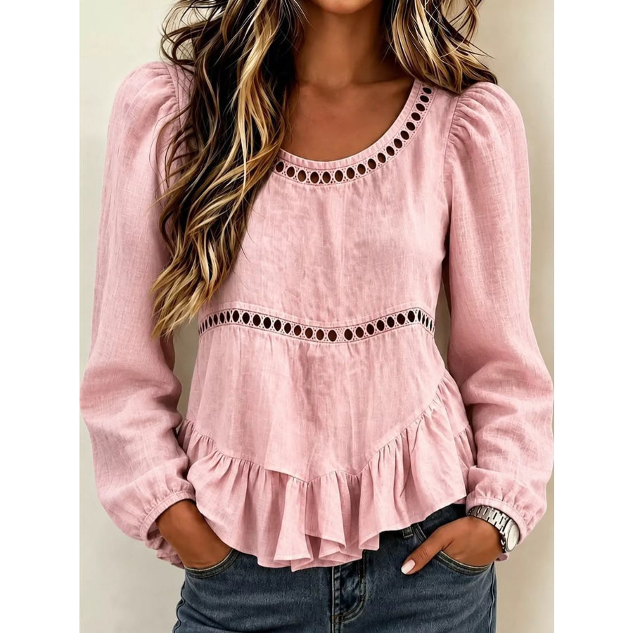 Long Sleeve Blouse with Eyelet Lace Trim and Ruffled Hem Pink / S Apparel Accessories