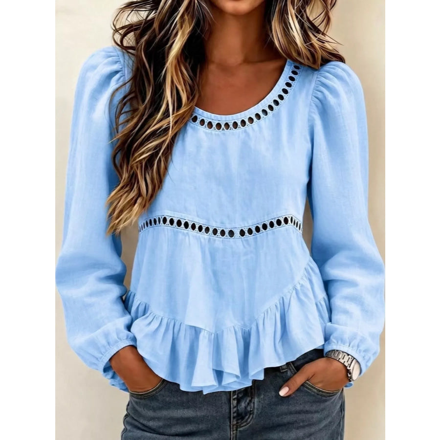 Long Sleeve Blouse with Eyelet Lace Trim and Ruffled Hem Sky Blue / S Apparel Accessories