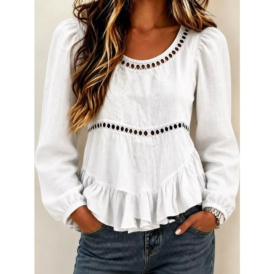 Long Sleeve Blouse with Eyelet Lace Trim and Ruffled Hem White / S Apparel Accessories