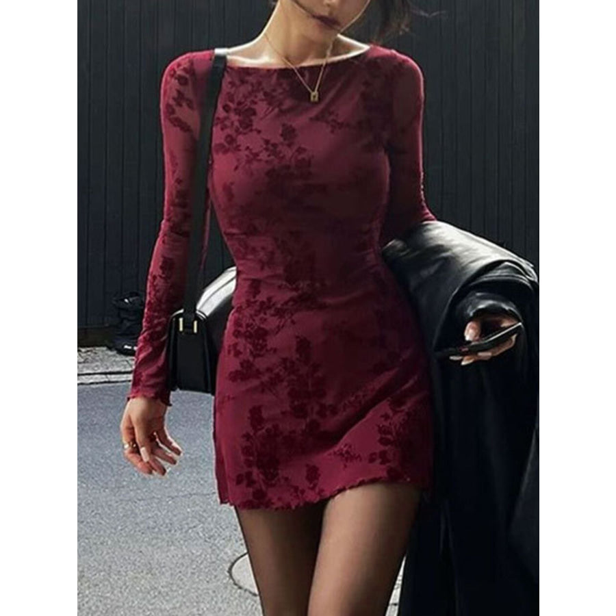 Long Sleeve Bodycon Mini Dress Burgundy / S Apparel and Accessories