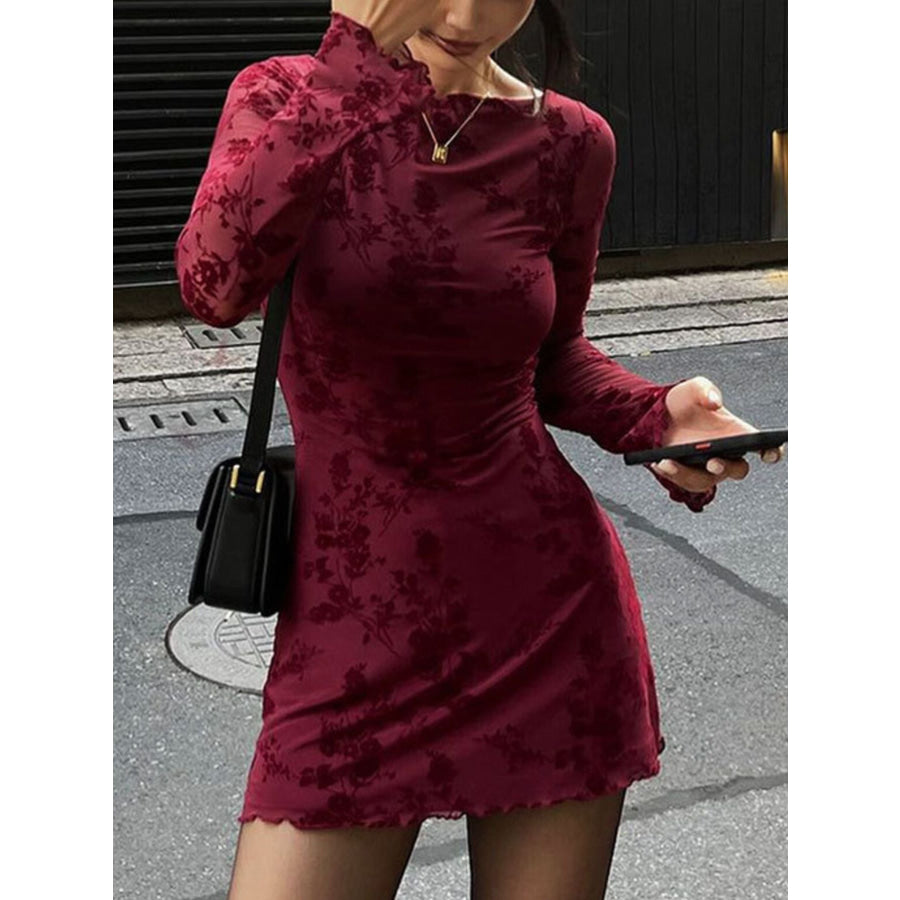 Long Sleeve Bodycon Mini Dress Burgundy / S Apparel and Accessories