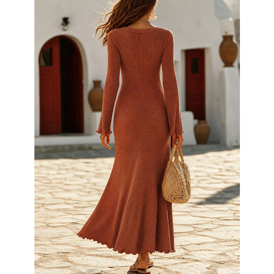 Long-Sleeve Button Detail Maxi Dress Apparel and Accessories