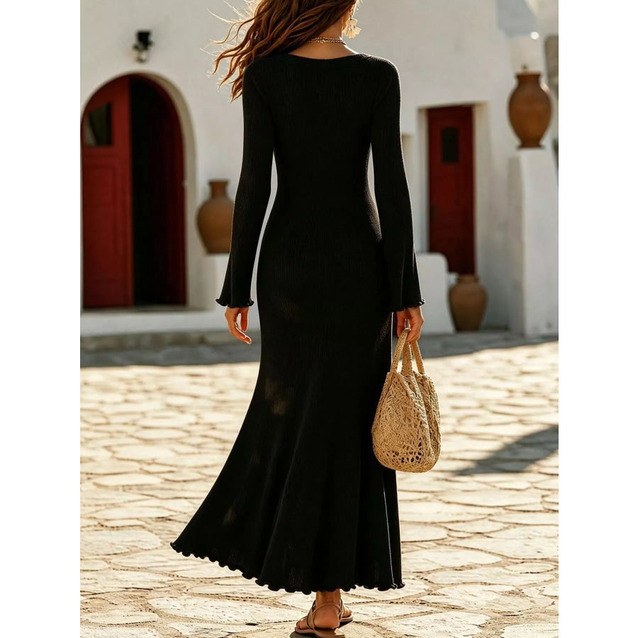 Long-Sleeve Button Detail Maxi Dress Apparel and Accessories