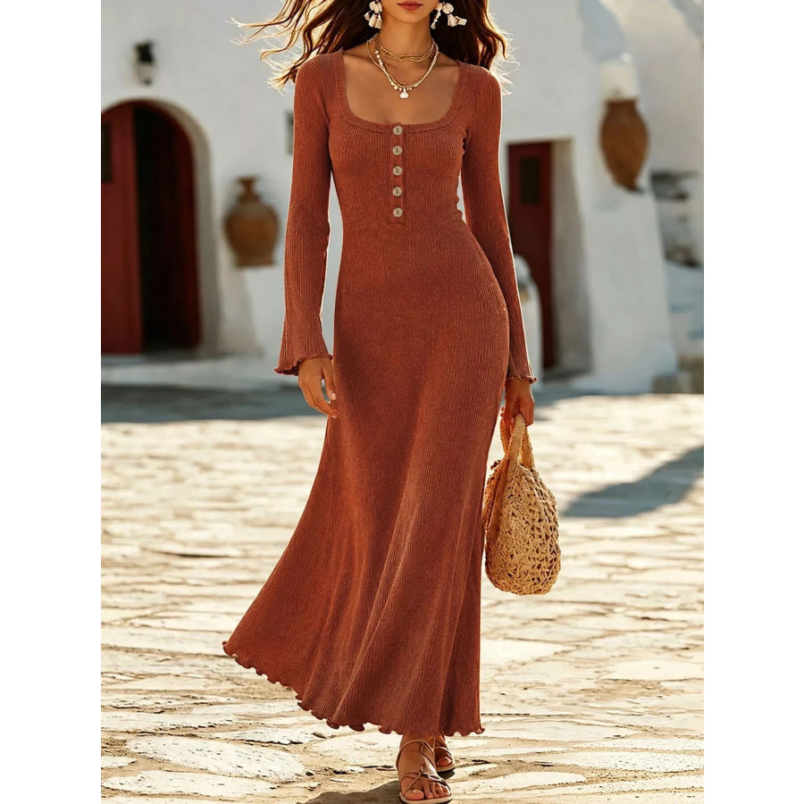 Long-Sleeve Button Detail Maxi Dress Coral / S Apparel and Accessories