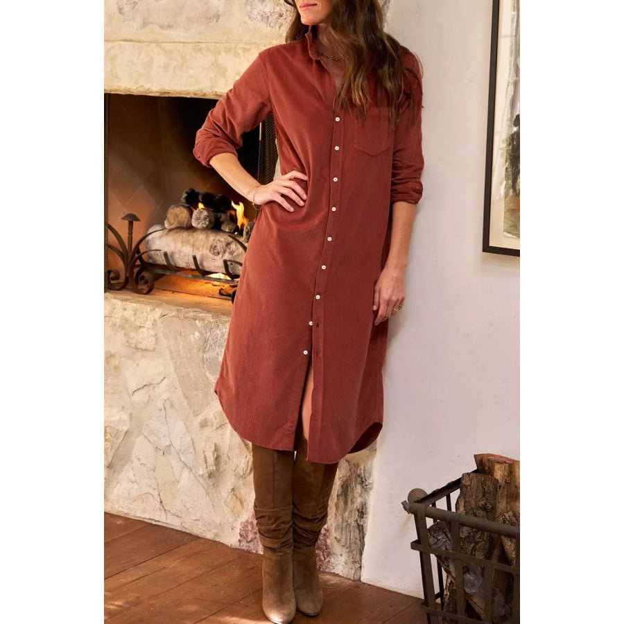 Long Sleeve Button Down Corduroy Midi Dress Apparel and Accessories