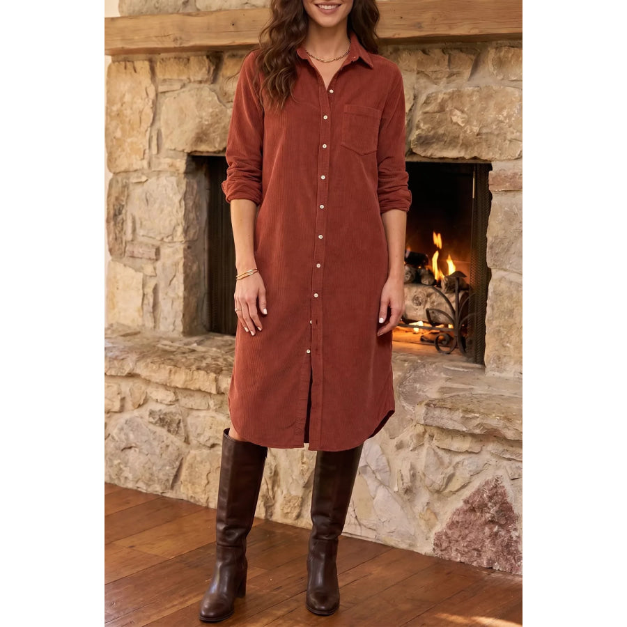 Long Sleeve Button Down Corduroy Midi Dress Rust / S Apparel and Accessories