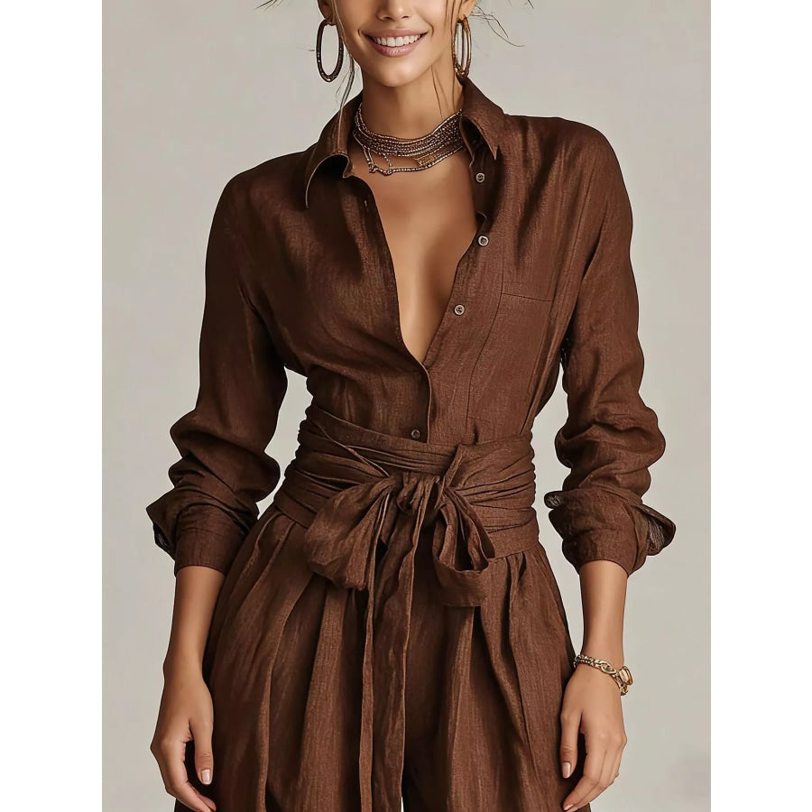 Long-Sleeve Button-Down Waist-Tie Jumpsuit Apparel and Accessories