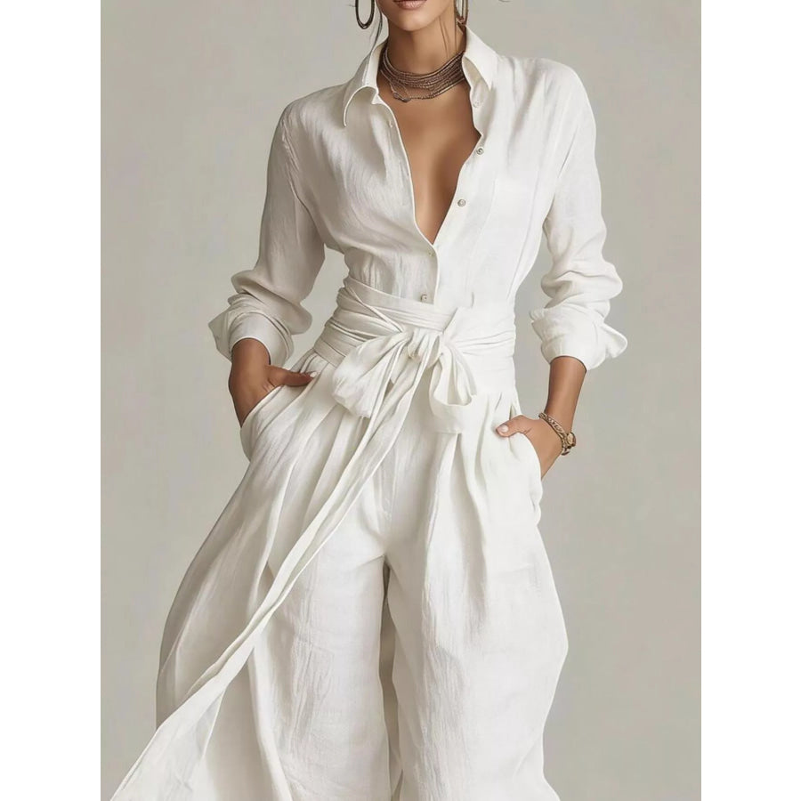 Long-Sleeve Button-Down Waist-Tie Jumpsuit Apparel and Accessories