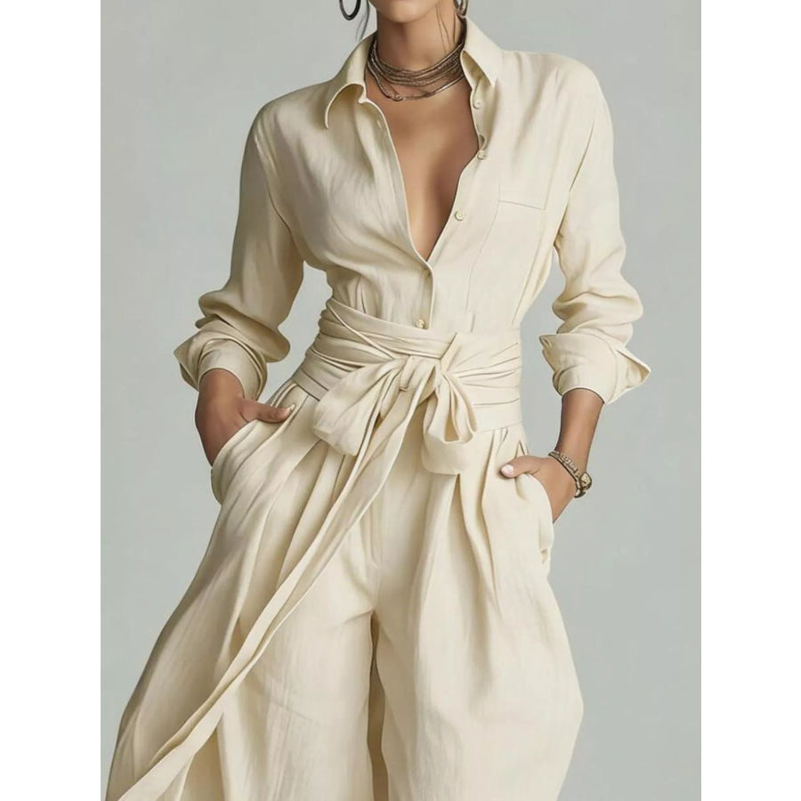 Long-Sleeve Button-Down Waist-Tie Jumpsuit Apparel and Accessories