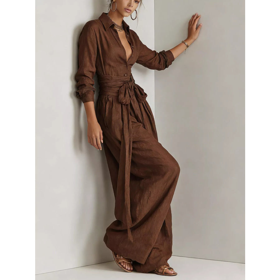 Long-Sleeve Button-Down Waist-Tie Jumpsuit Apparel and Accessories