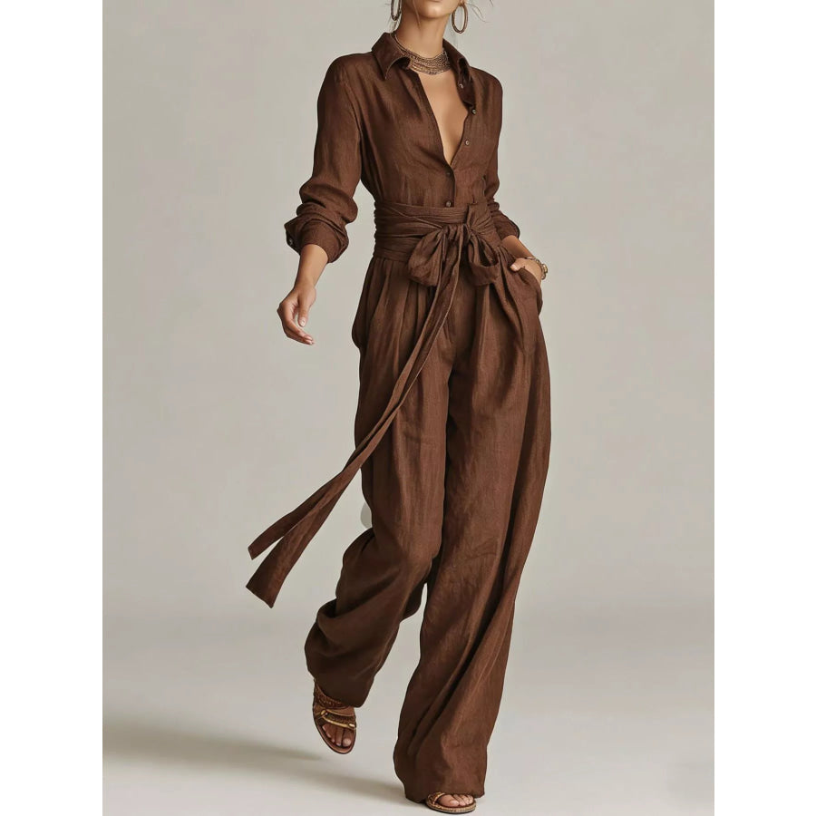 Long-Sleeve Button-Down Waist-Tie Jumpsuit Apparel and Accessories