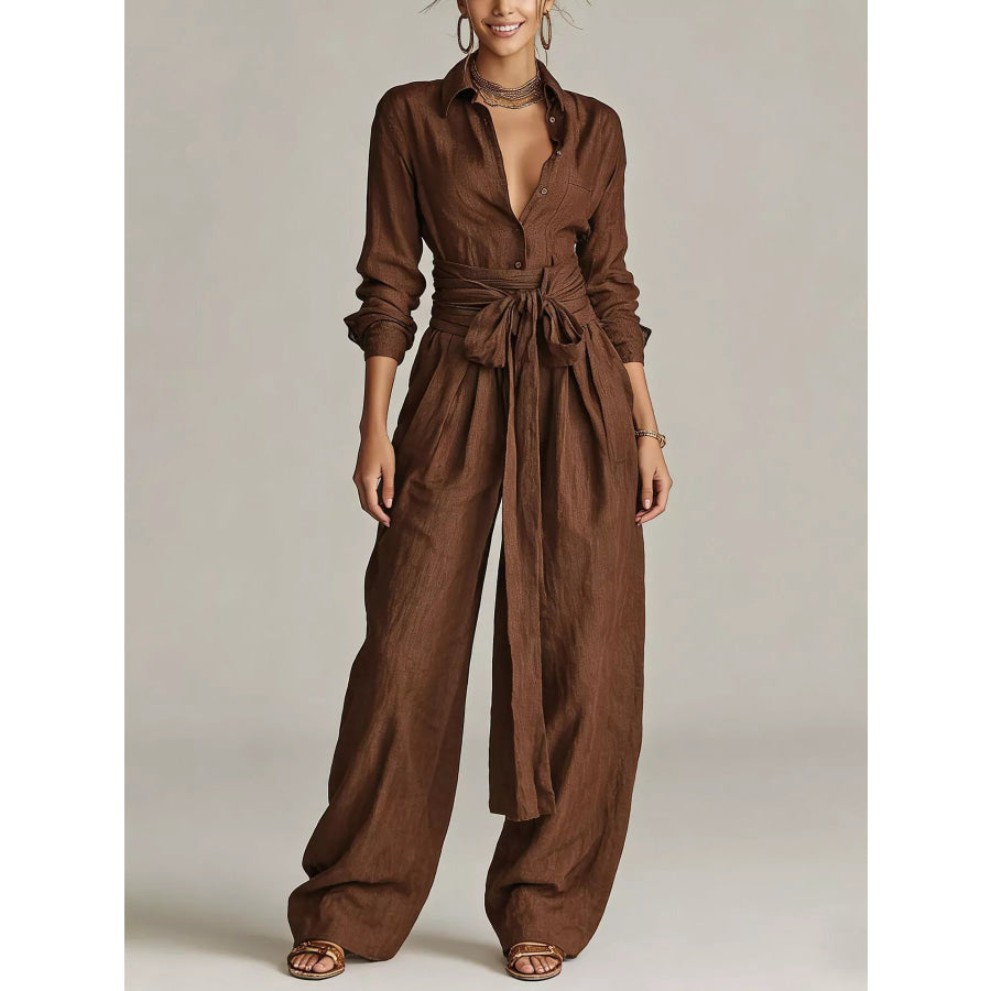Long-Sleeve Button-Down Waist-Tie Jumpsuit Dark Brown / S Apparel and Accessories