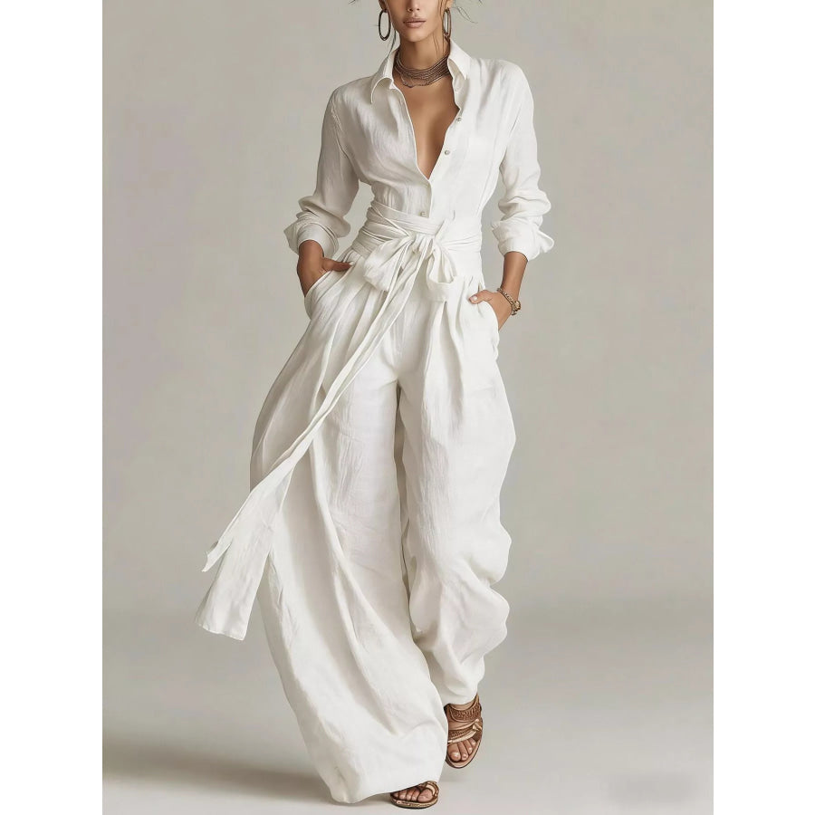 Long-Sleeve Button-Down Waist-Tie Jumpsuit White / S Apparel and Accessories