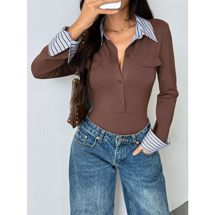 Long Sleeve Button Front Bodysuit Apparel and Accessories