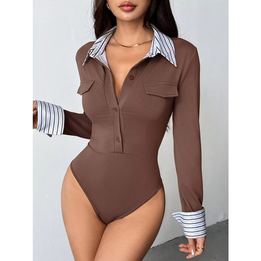 Long Sleeve Button Front Bodysuit Apparel and Accessories