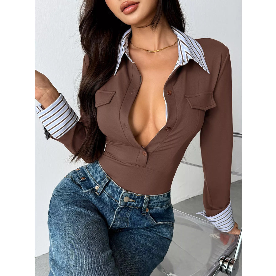 Long Sleeve Button Front Bodysuit Apparel and Accessories