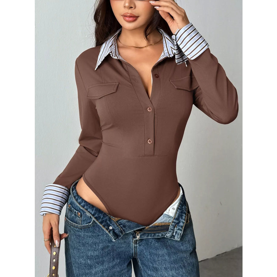 Long Sleeve Button Front Bodysuit Brown / S Apparel and Accessories