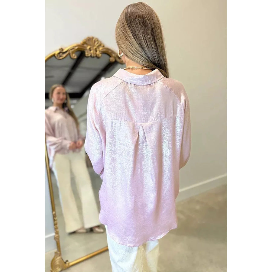 Long Sleeve Button Front Ruffle Cuffs Back Paneling Shirt Apparel and Accessories