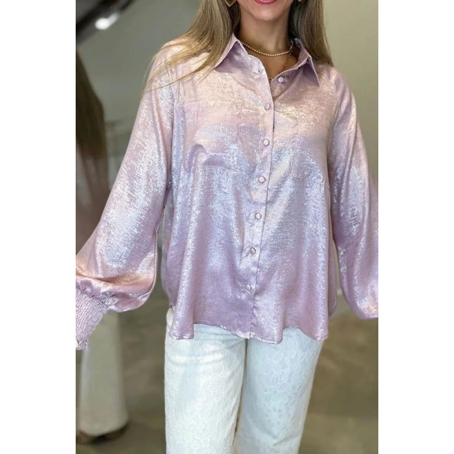 Long Sleeve Button Front Ruffle Cuffs Back Paneling Shirt Apparel and Accessories