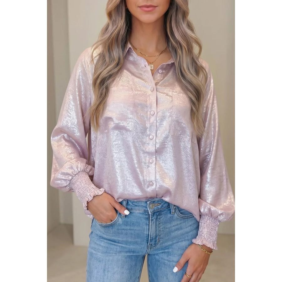 Long Sleeve Button Front Ruffle Cuffs Back Paneling Shirt Apparel and Accessories