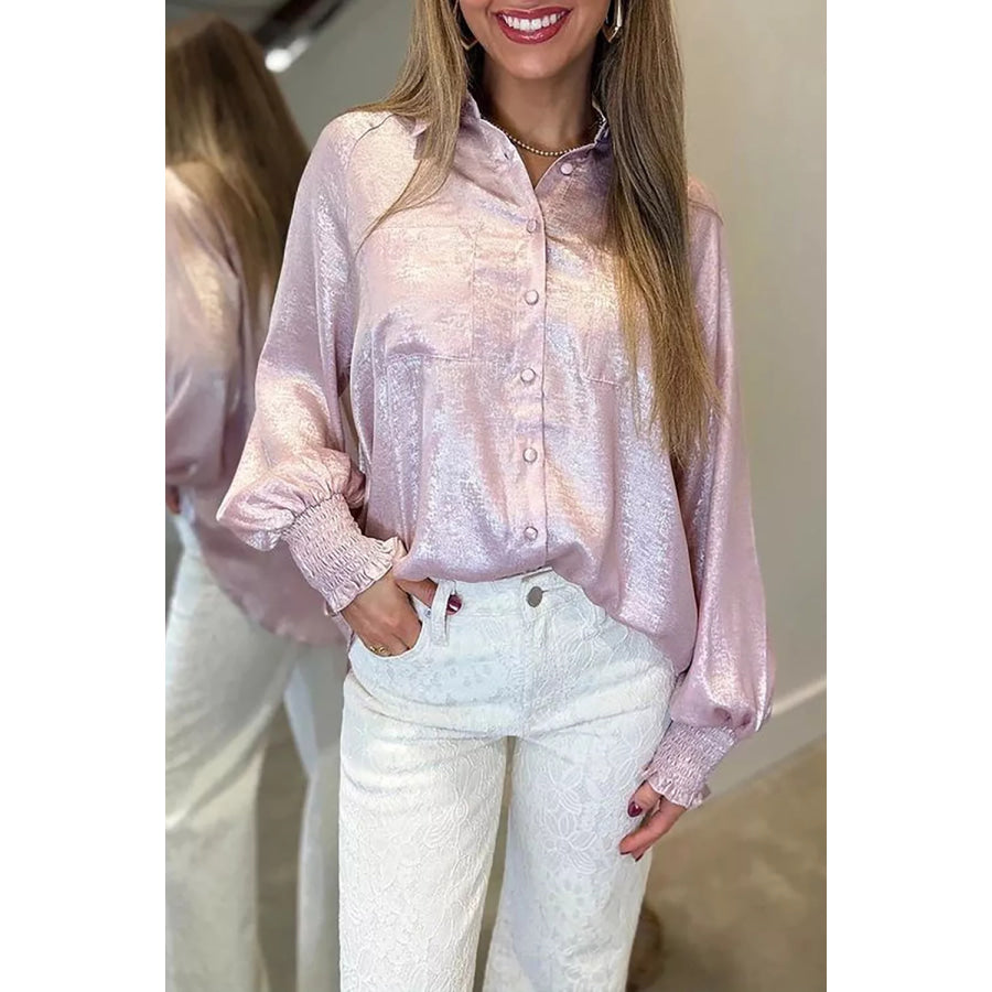 Long Sleeve Button Front Ruffle Cuffs Back Paneling Shirt Pink Purple / S Apparel and Accessories