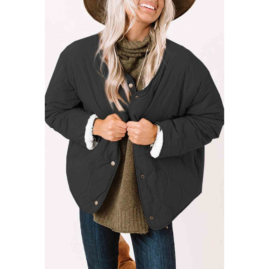 Long Sleeve Button Front Winter Coat Black / S