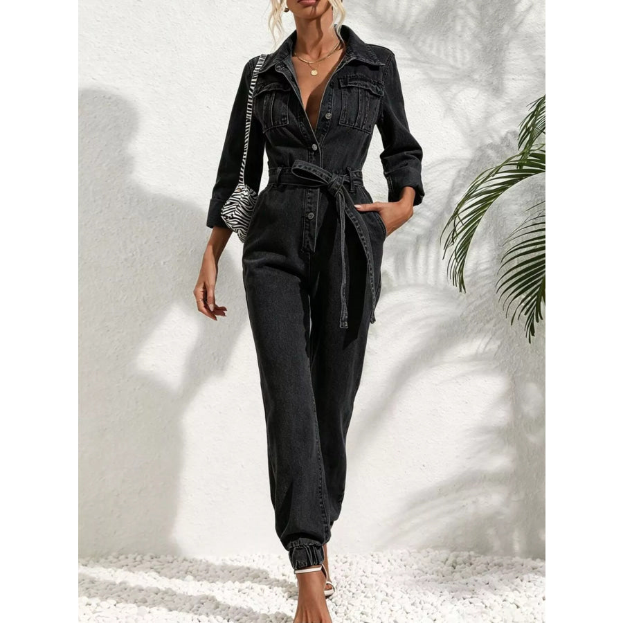 Long Sleeve Button-Up Denim Jumpsuit with Belted Waist and Elastic Cuffs Apparel Accessories