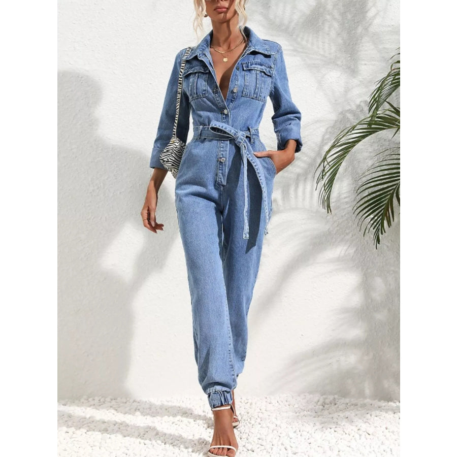 Long Sleeve Button-Up Denim Jumpsuit with Belted Waist and Elastic Cuffs Dusty Blue / S Apparel Accessories