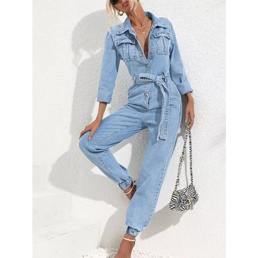 Long Sleeve Button-Up Denim Jumpsuit with Belted Waist and Elastic Cuffs Apparel Accessories